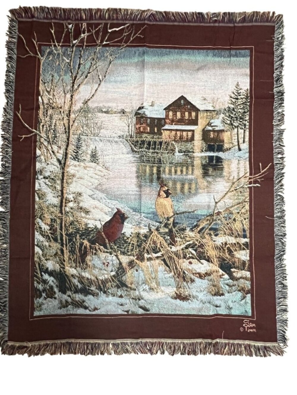 Tapestry Throw Blanket Cardinal Winter Scene 56" River Water Mill Sam Timm USA
